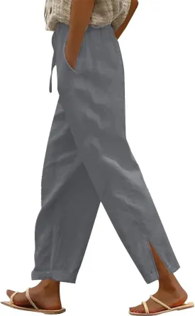 2025 Linen Pants Women High Waist Elastic Drawstring Lounge Trousers Casual Lightweight Side Split Summer Beach Pants