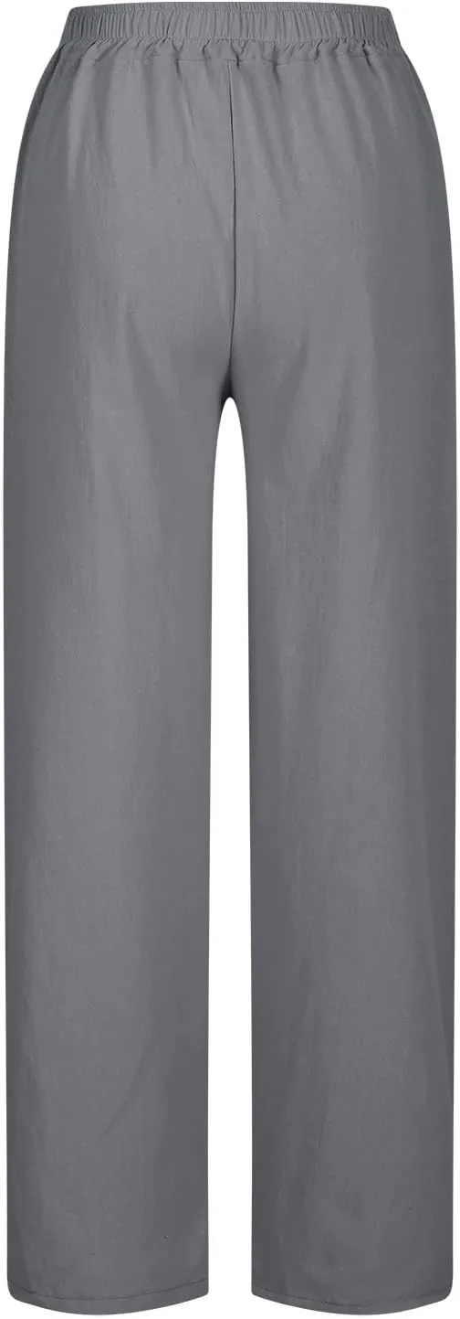 2025 Linen Pants Women High Waist Elastic Drawstring Lounge Trousers Casual Lightweight Side Split Summer Beach Pants