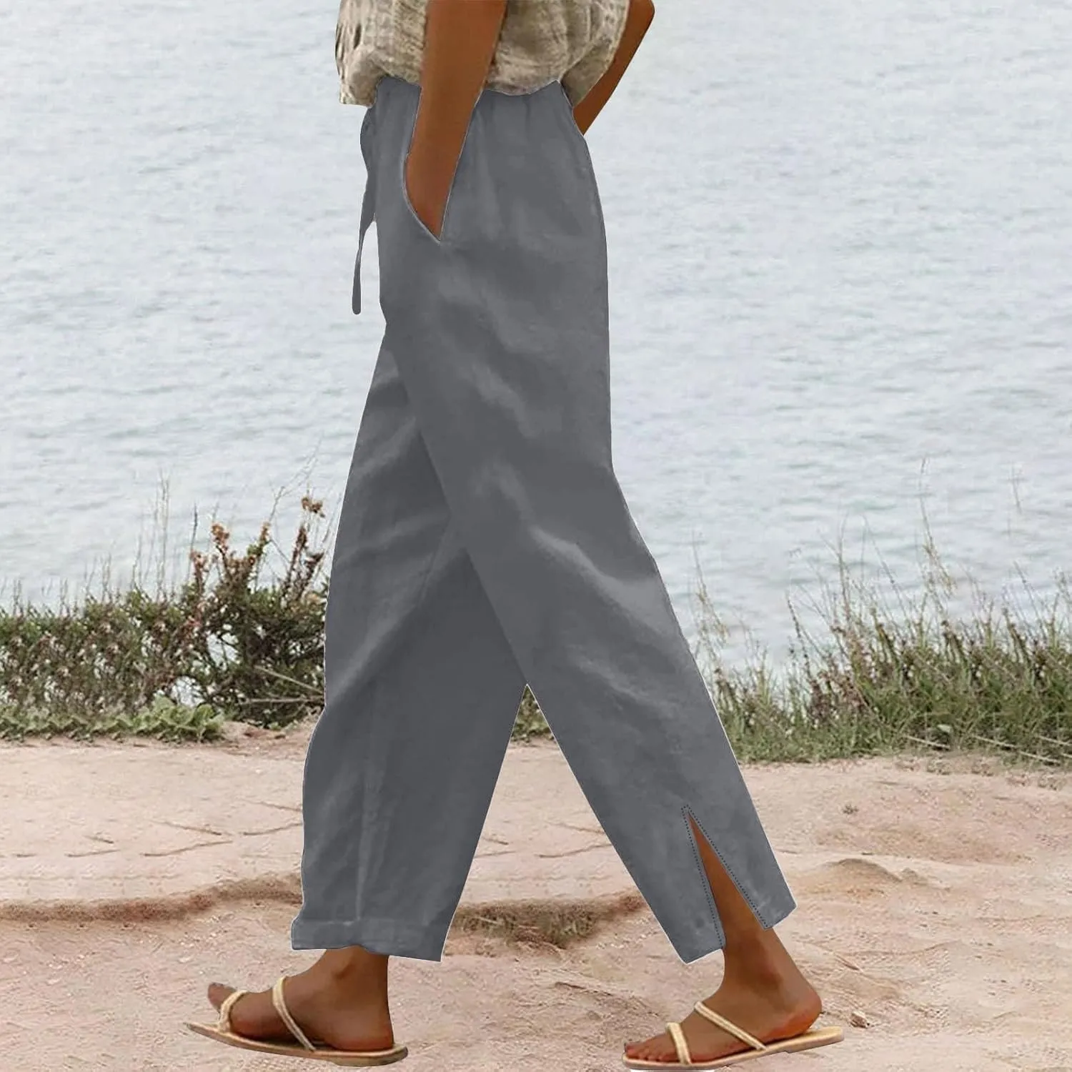 2025 Linen Pants Women High Waist Elastic Drawstring Lounge Trousers Casual Lightweight Side Split Summer Beach Pants