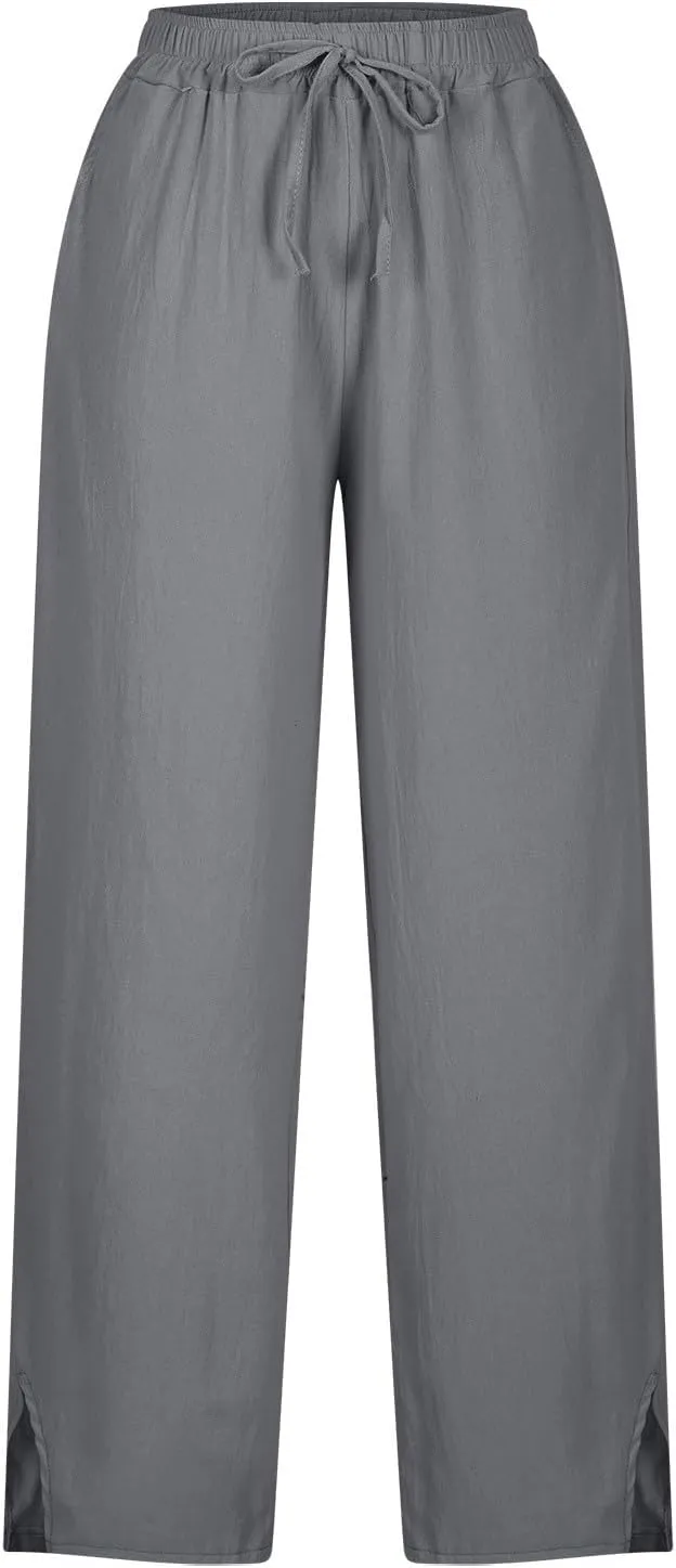 2025 Linen Pants Women High Waist Elastic Drawstring Lounge Trousers Casual Lightweight Side Split Summer Beach Pants