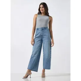 Blue Embellished Wide Leg Jeans