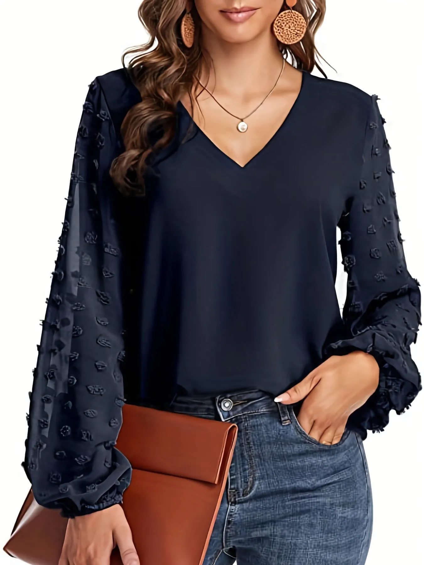 Chic Swiss Dot Sleeve Shirt V Neck Casual MustHave for Women