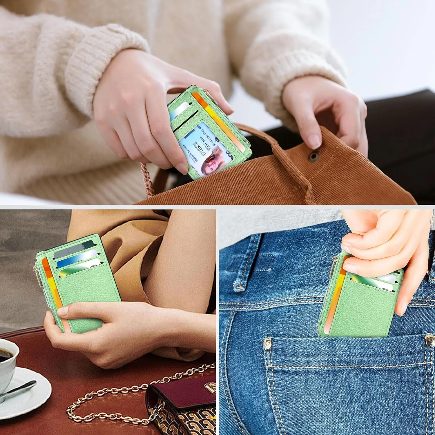 Credit Card Holder for Women Slim Minimalist Front Pocket RFID Blocking Wallet Small Compact Card Case with ID Window, Green