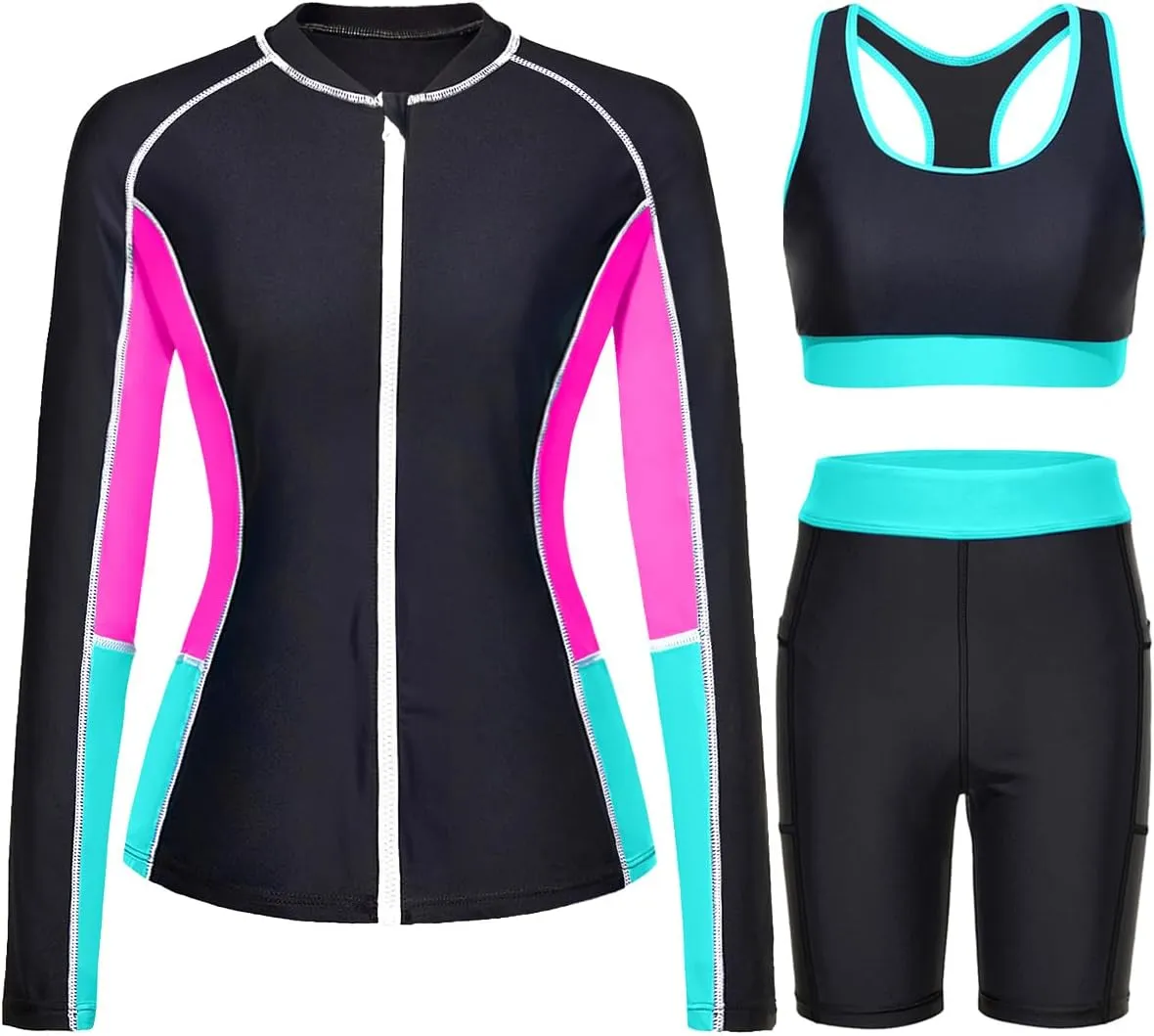 Daci Women Three Piece Rash Guard - 3PC Long Sleeve Zip up Swim Shirt Sports Bra with Boyleg Shorts