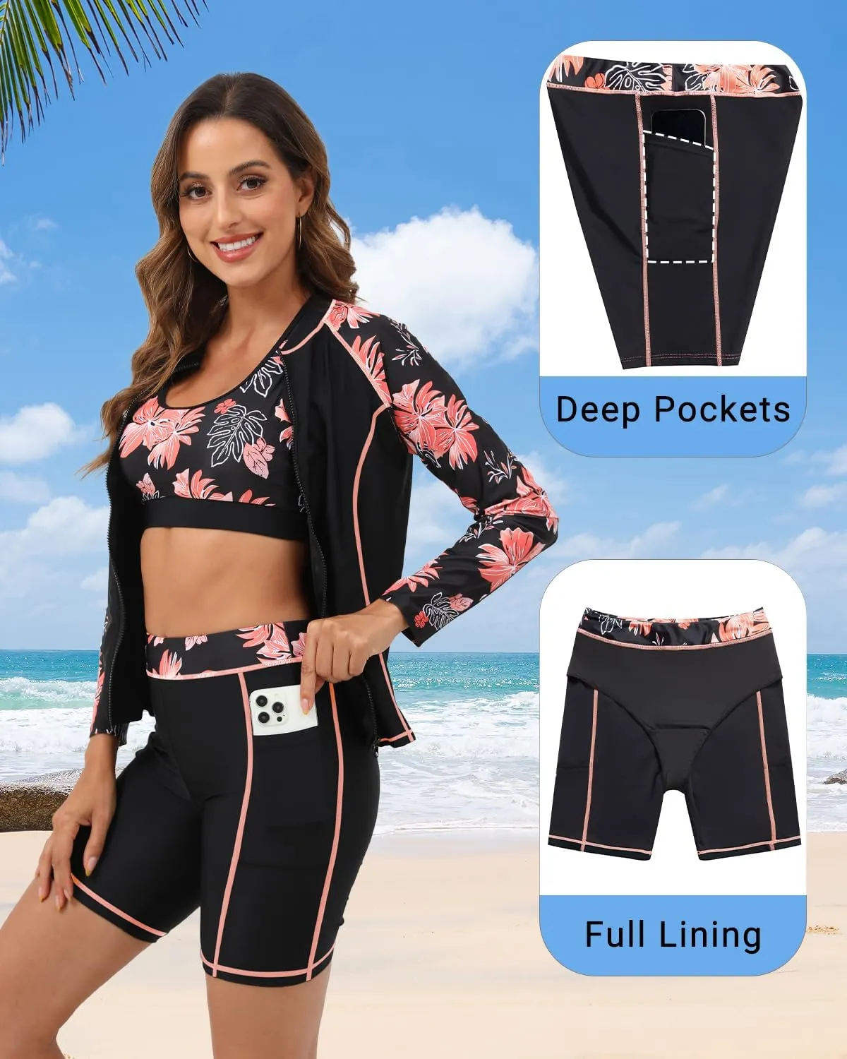 Daci Women Three Piece Rash Guard - 3PC Long Sleeve Zip up Swim Shirt Sports Bra with Boyleg Shorts