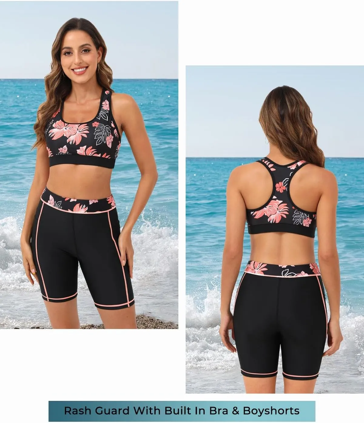 Daci Women Three Piece Rash Guard - 3PC Long Sleeve Zip up Swim Shirt Sports Bra with Boyleg Shorts