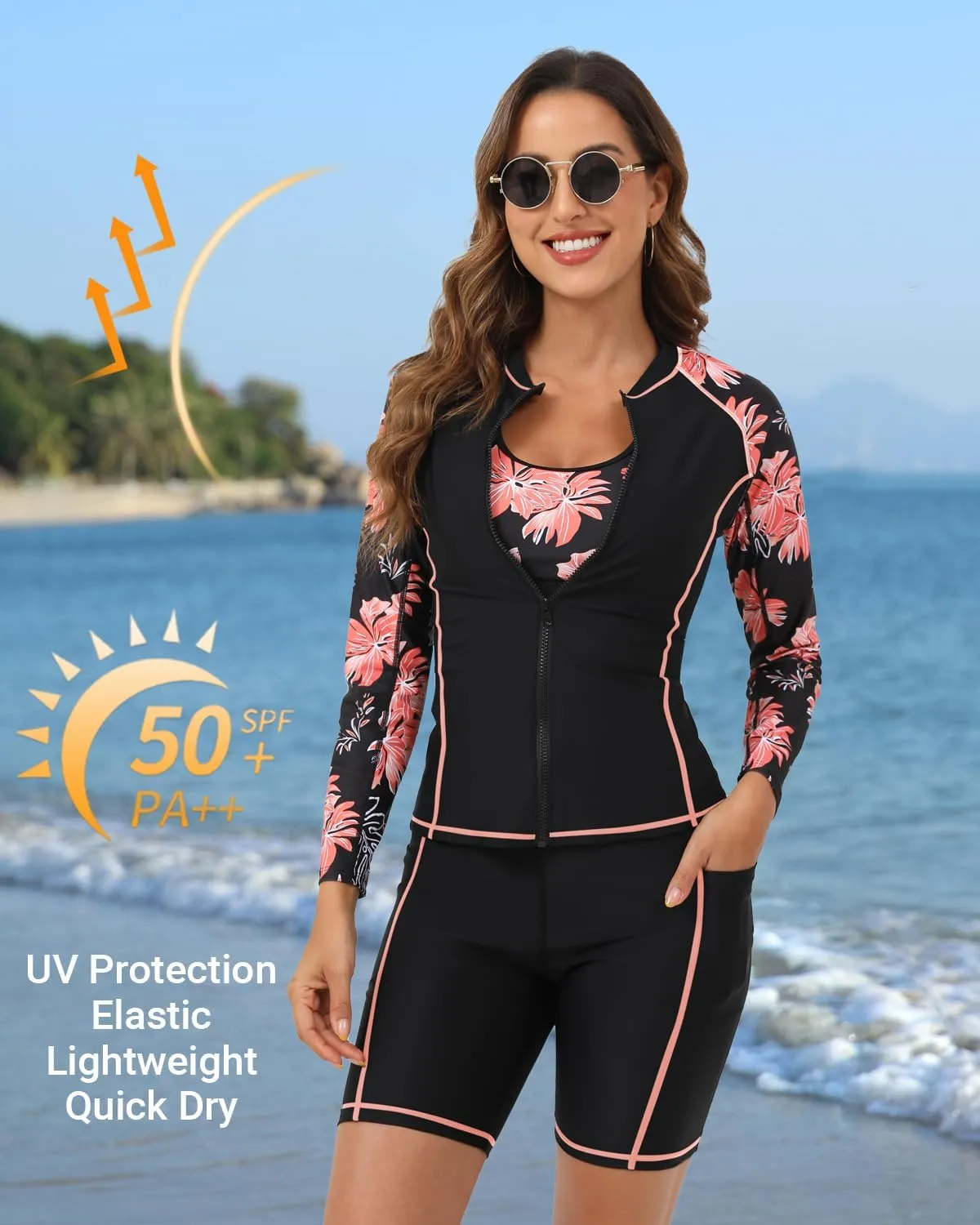 Daci Women Three Piece Rash Guard - 3PC Long Sleeve Zip up Swim Shirt Sports Bra with Boyleg Shorts