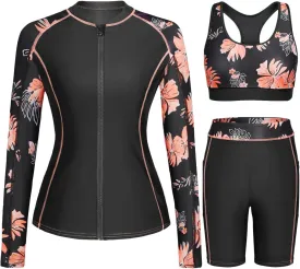 Daci Women Three Piece Rash Guard - 3PC Long Sleeve Zip up Swim Shirt Sports Bra with Boyleg Shorts