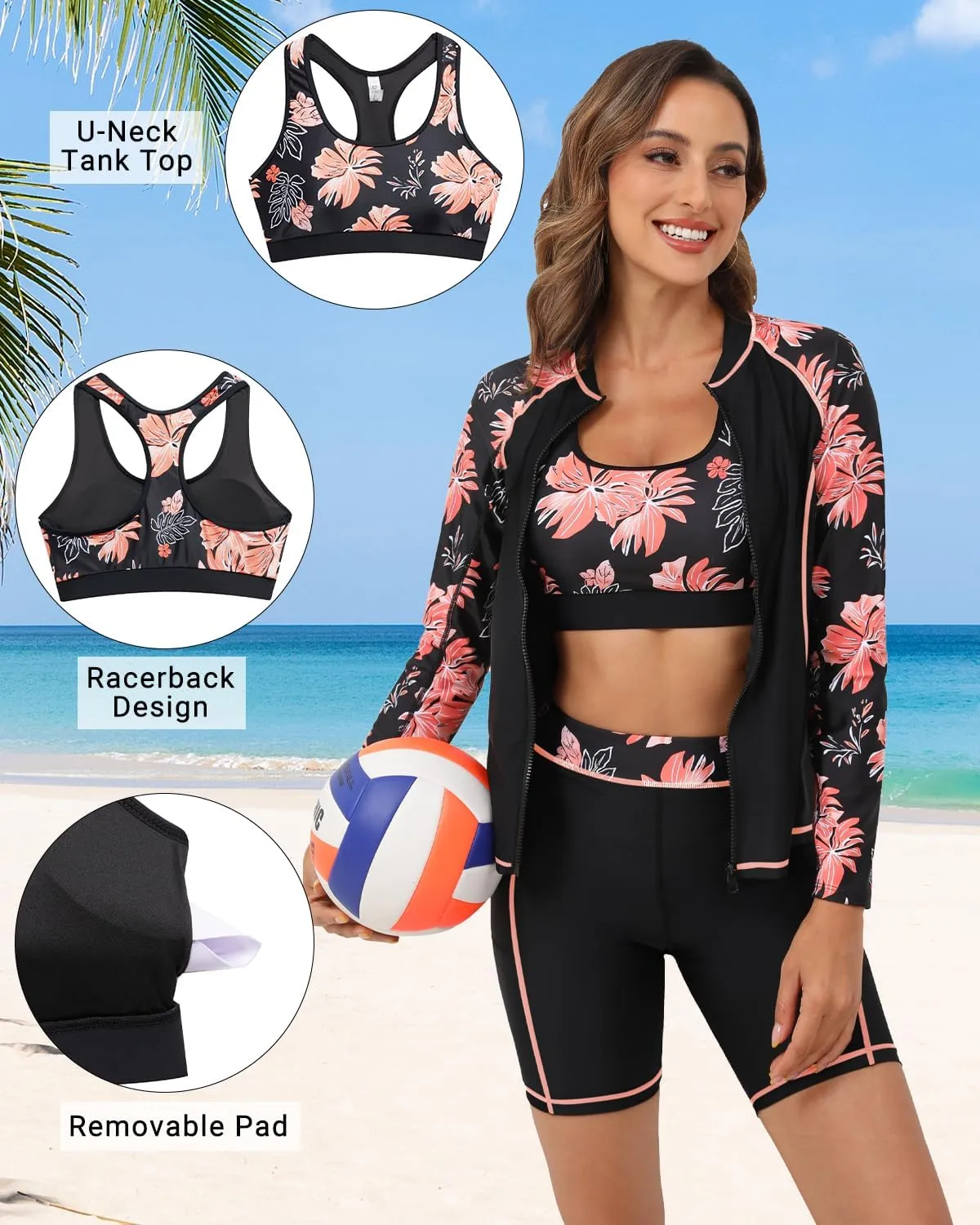 Daci Women Three Piece Rash Guard - 3PC Long Sleeve Zip up Swim Shirt Sports Bra with Boyleg Shorts
