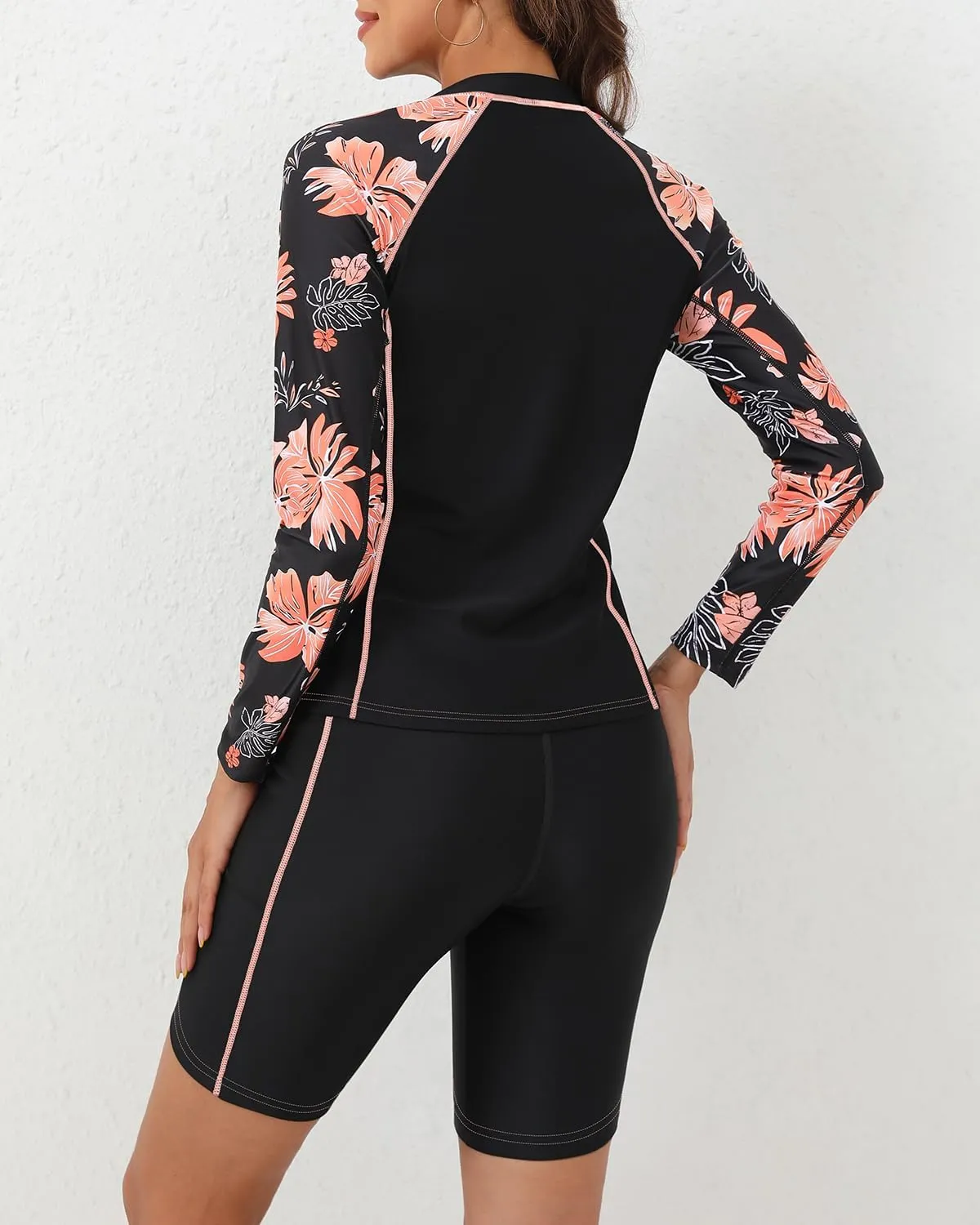 Daci Women Three Piece Rash Guard - 3PC Long Sleeve Zip up Swim Shirt Sports Bra with Boyleg Shorts