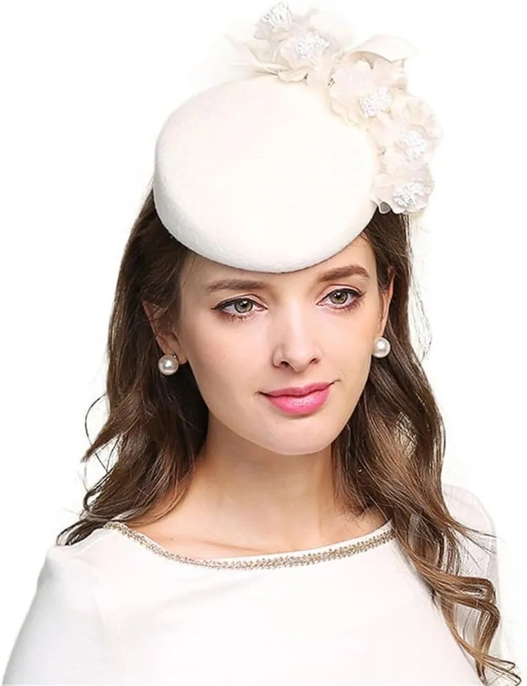Fascinators for Women Elegant Flowers White Wedding Hat Wool Felt Cocktail Hats Lady Fedoras Derby Female Cap