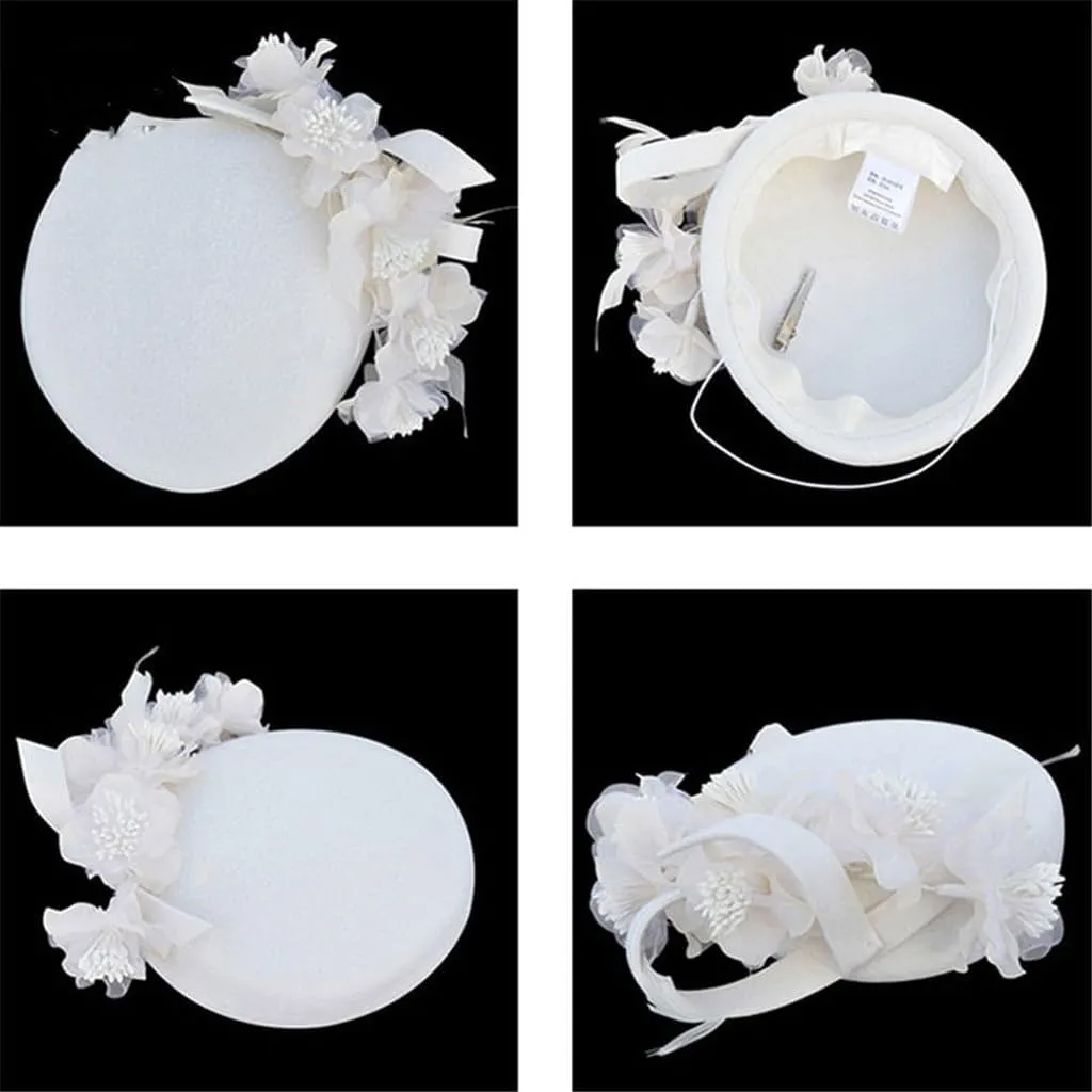 Fascinators for Women Elegant Flowers White Wedding Hat Wool Felt Cocktail Hats Lady Fedoras Derby Female Cap