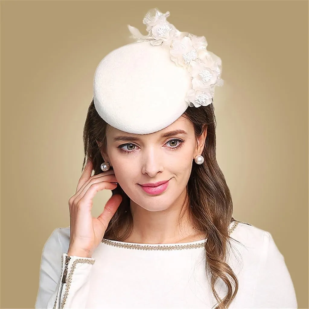 Fascinators for Women Elegant Flowers White Wedding Hat Wool Felt Cocktail Hats Lady Fedoras Derby Female Cap