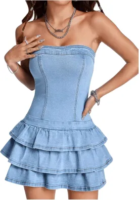 Fronage Women's Sexy Jeans Denim Strapless Dresses Bodycon Corset Tube Mini Dress