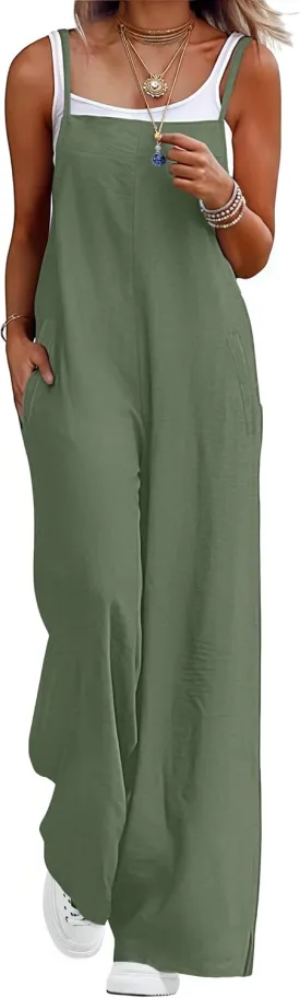 Lepunuo Womens Casual Loose Jumpsuits Summer Boho Wide Leg Rompers Sleeveless Overalls with Pockets