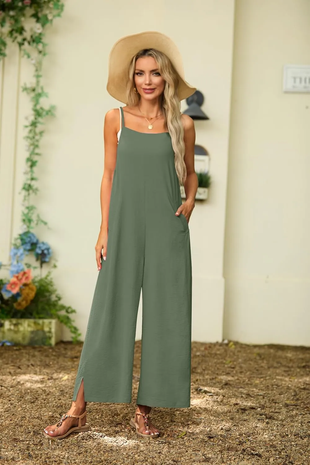 Lepunuo Womens Casual Loose Jumpsuits Summer Boho Wide Leg Rompers Sleeveless Overalls with Pockets
