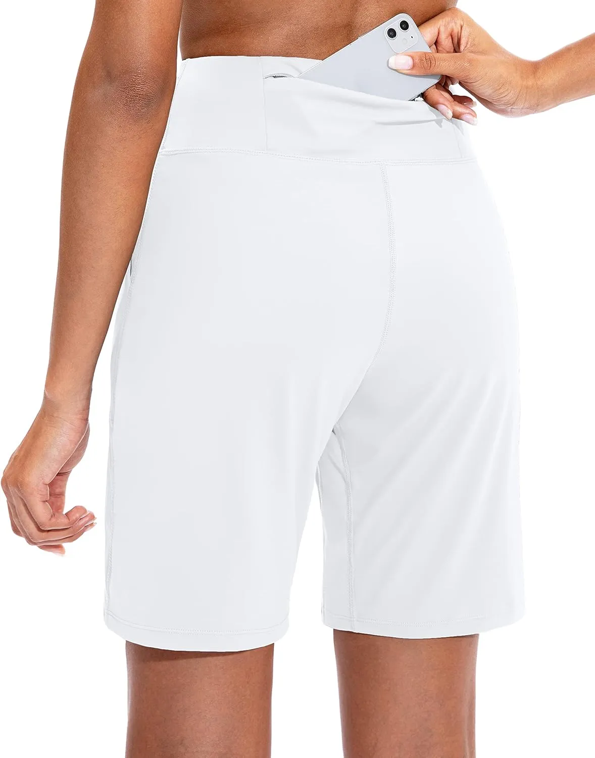 SANTINY Bermuda Shorts for Women with Zipper Pocket Womens High Waisted Long Shorts for Running Workout Athletic