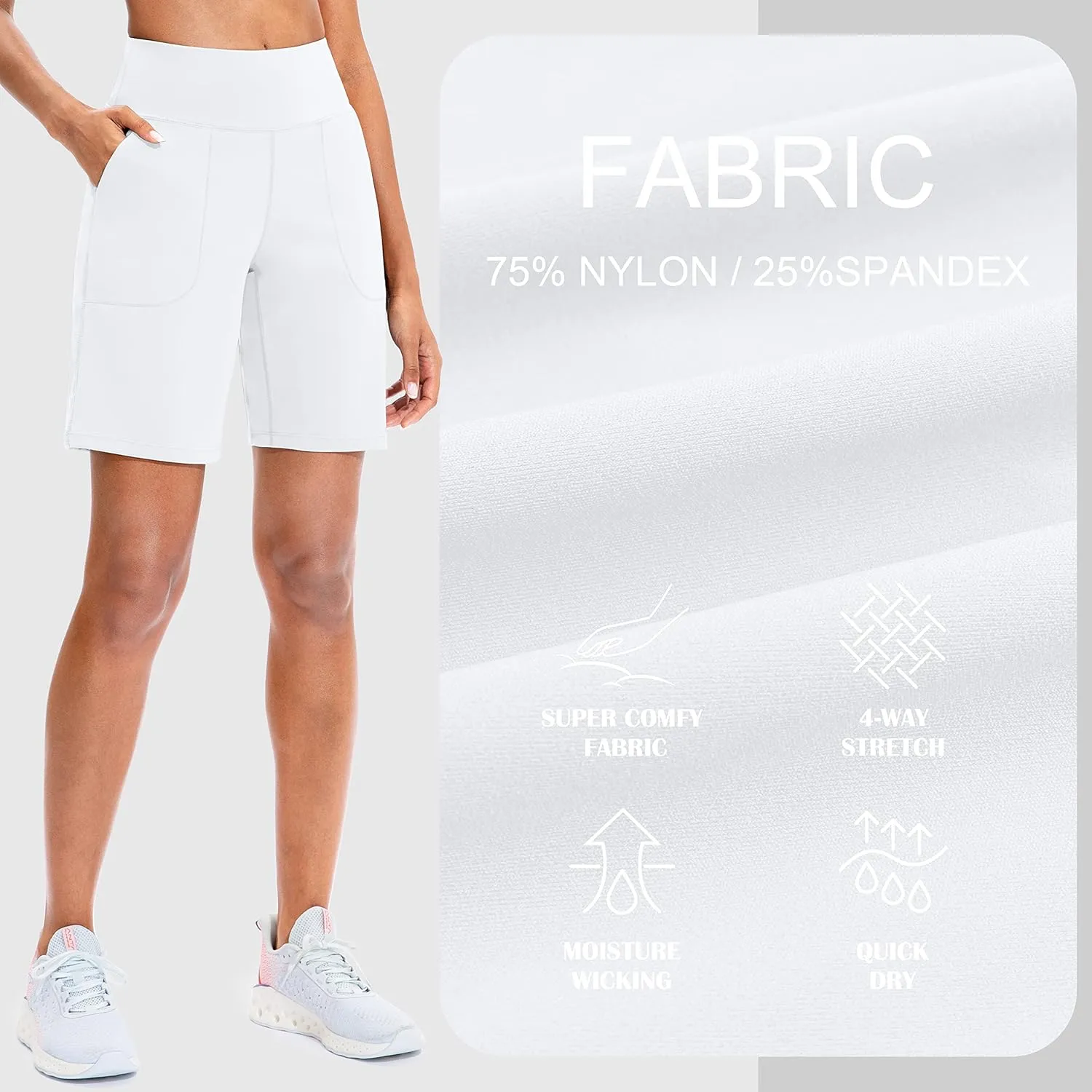 SANTINY Bermuda Shorts for Women with Zipper Pocket Womens High Waisted Long Shorts for Running Workout Athletic