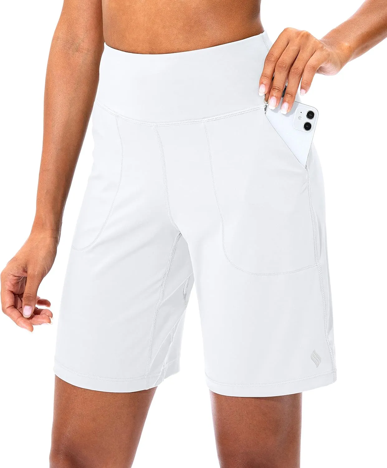 SANTINY Bermuda Shorts for Women with Zipper Pocket Womens High Waisted Long Shorts for Running Workout Athletic
