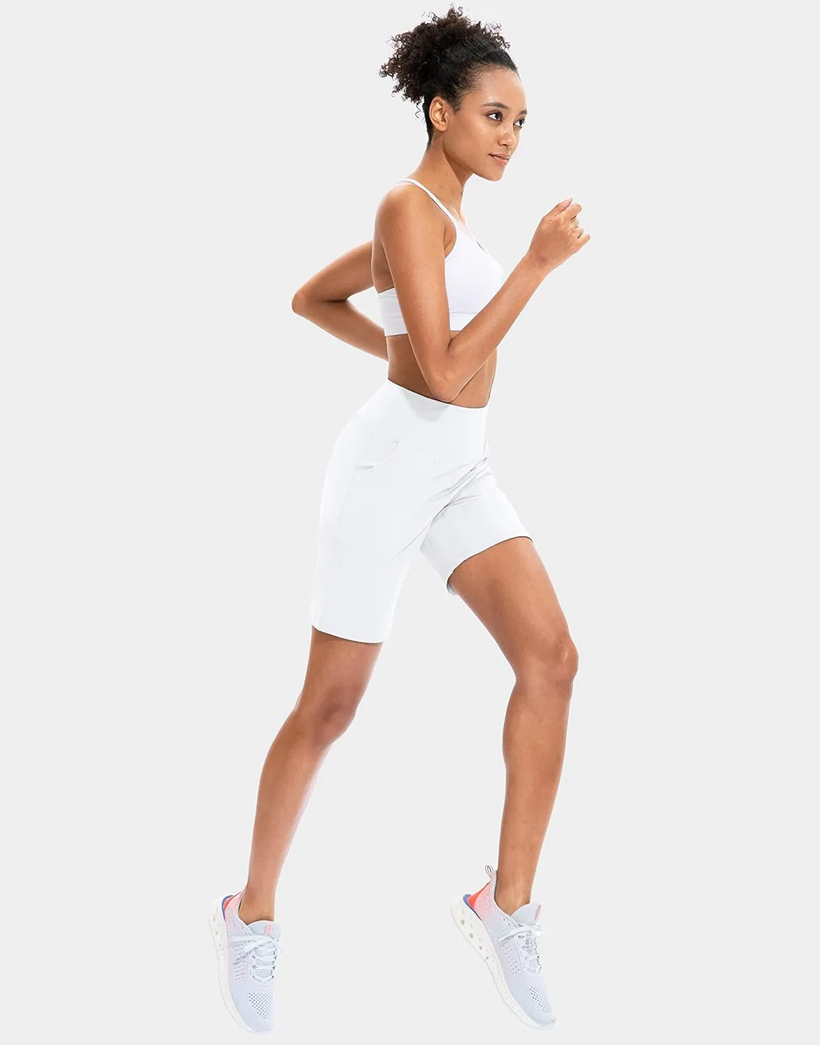 SANTINY Bermuda Shorts for Women with Zipper Pocket Womens High Waisted Long Shorts for Running Workout Athletic