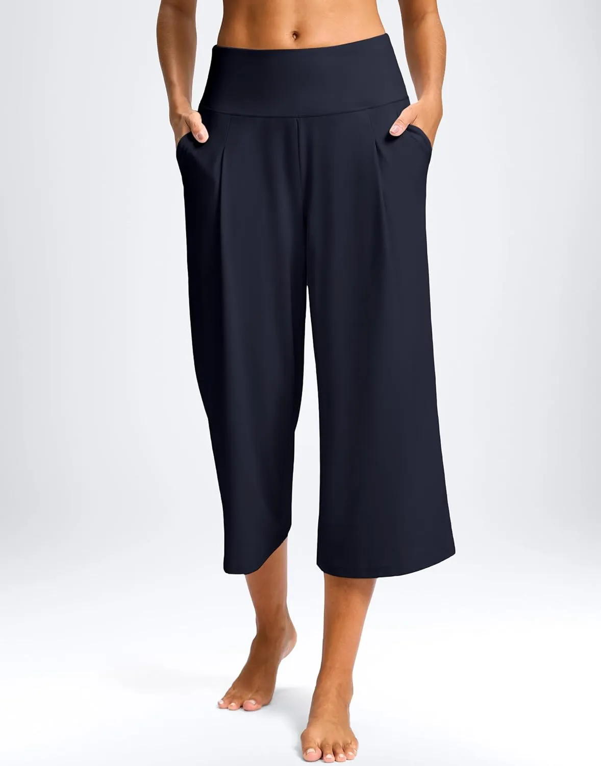 SANTINY Capri Pants for Women Wide Leg Yoga Casual Cropped Pants with Pockets Loose Tummy Control High Waist Capris