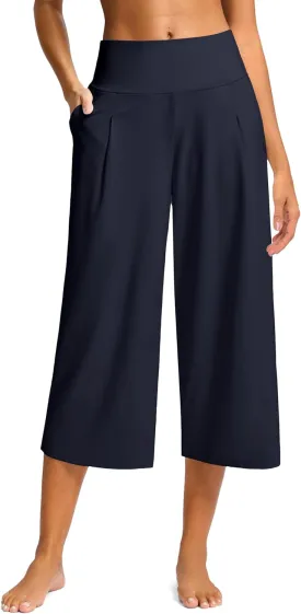 SANTINY Capri Pants for Women Wide Leg Yoga Casual Cropped Pants with Pockets Loose Tummy Control High Waist Capris