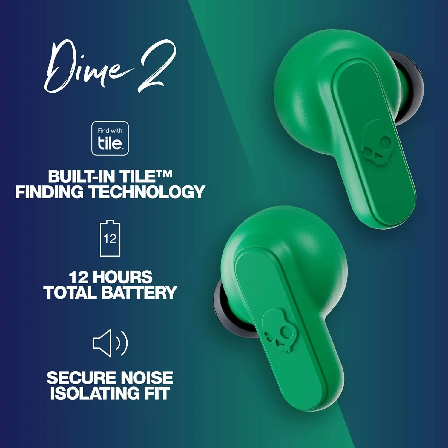 Skullcandy Dime 2 Wireless Earbuds, Bluetooth Headphones, Noise Isolating Fit, Up to 12 Hours Battery, Microphone for iPhone Android, Easy Carry with Integrated Lanyard - Dark Blue/Green