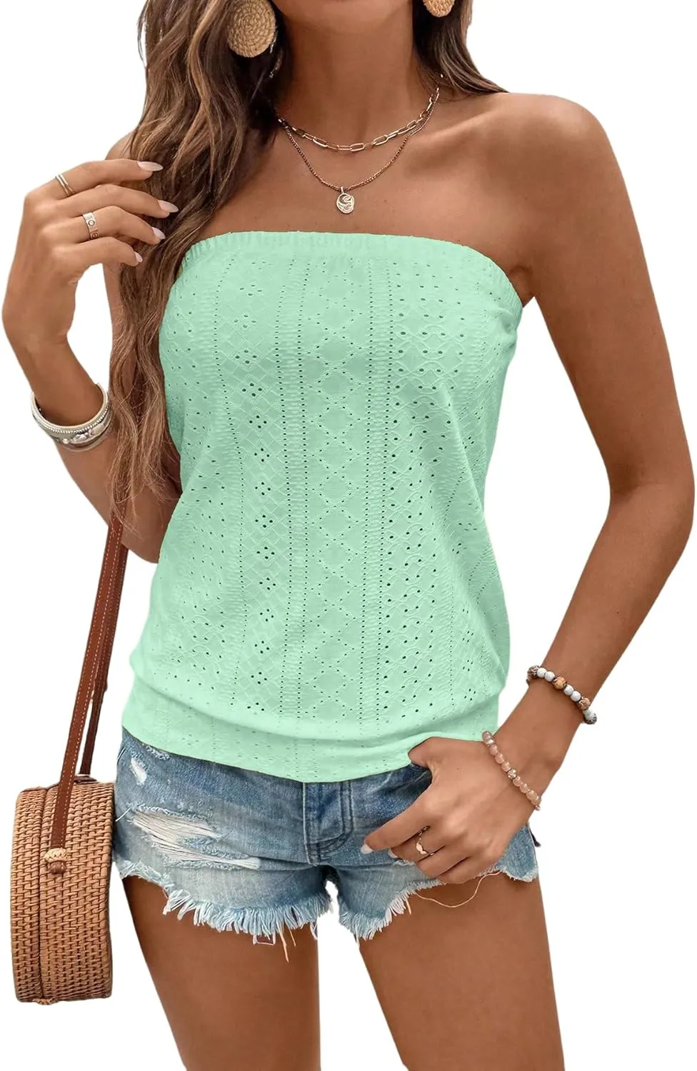 SOLY HUX Women's Strapless Bandeau Tank Top Casual Summer Sleeveless Eyelet Tube Tops