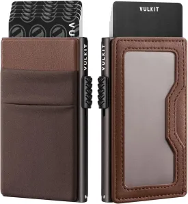 VULKIT Minimalist Wallet with ID Window & EDC Pocket Pop Up Card Holder RFID Blocking Slim Wallet Design for Airtag Cash Coins & Credit Cards (Espresso)