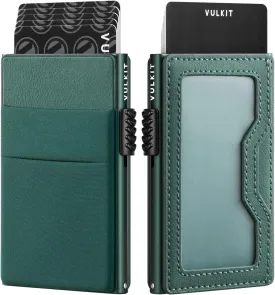 VULKIT Minimalist Wallet with ID Window & EDC Pocket Pop Up Card Holder RFID Blocking Slim Wallet Design for Airtag Cash Coins & Credit Cards (Midnight Green)