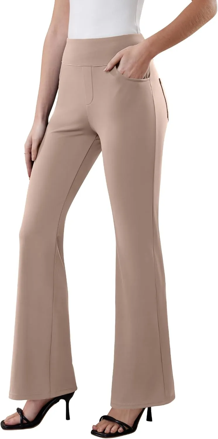 Womens Dress Pants Stretchy Work Pants Business Casual Office Trousers Pull On Flare Slacks with 4 Pockets